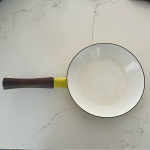 Vintage Dansk Finland Enamel 9” Frying Pan Teal Handle Yellow